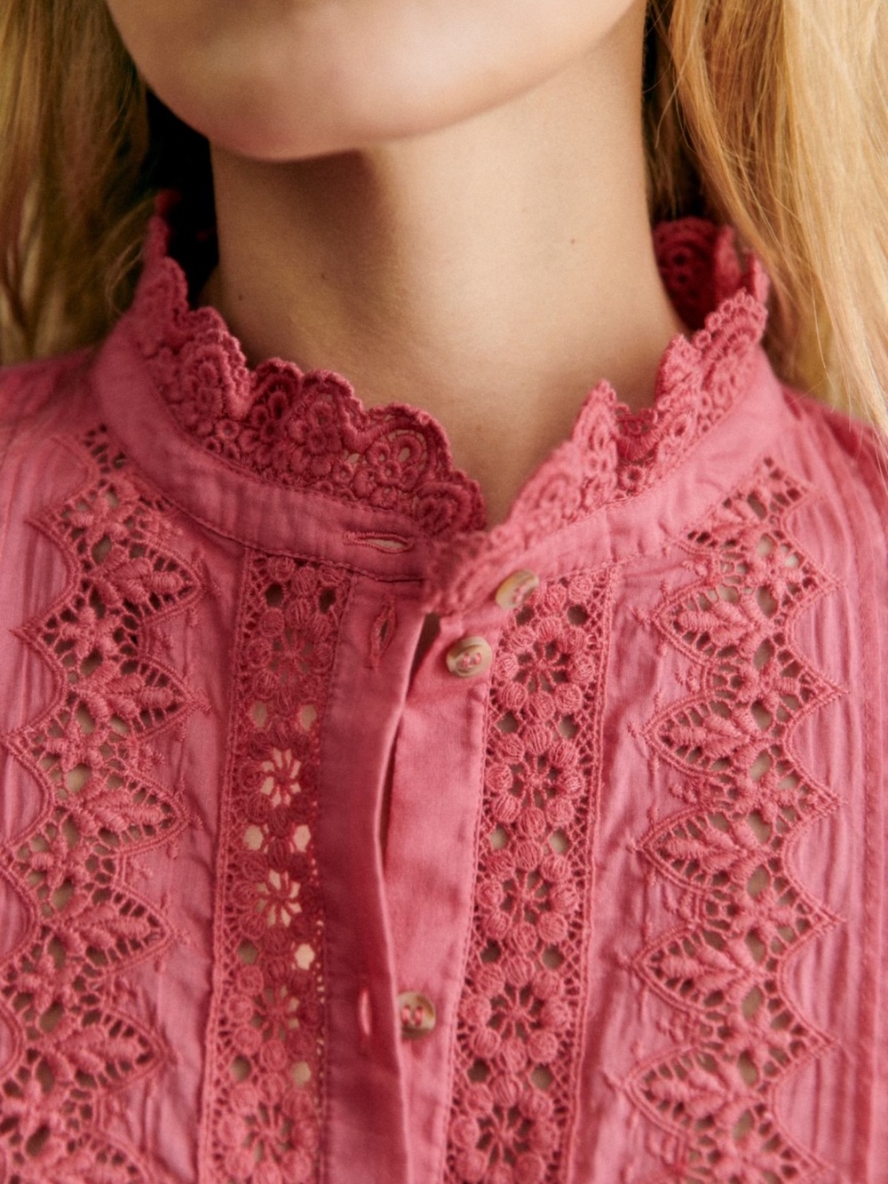 Sezane Rose Pink Lace Pintuck Blouse - Picture 9 of 10